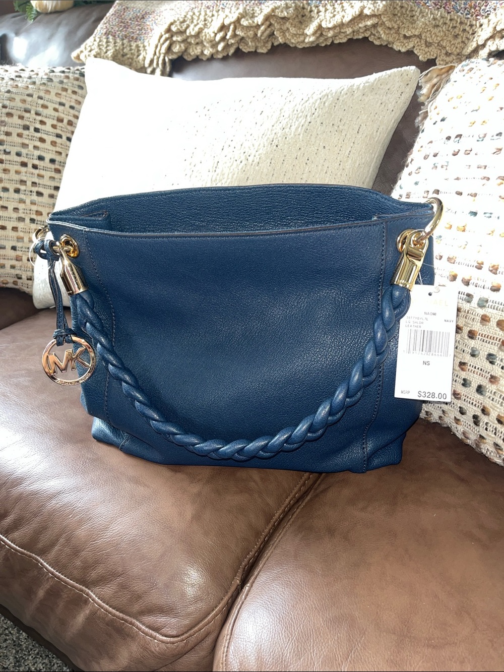 Michael Kors Naomi Large Leather Bowling Satchel in Navy